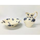 BLUE & WHITE IRONSTONE WASH JUG & BOWL WITH FLORAL DECORATION