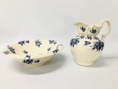BLUE & WHITE IRONSTONE WASH JUG & BOWL WITH FLORAL DECORATION