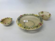 THREE PIECES OF BELLEEK FLORAL BASKET DISHES
