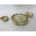 THREE PIECES OF BELLEEK FLORAL BASKET DISHES