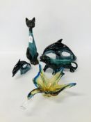 2 x POOLE POTTERY DOLPHINS TOGETHER WITH A PANTHER & CAT A/F IN THE POOLE POTTERY STYLE & AN ART