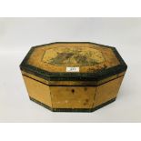 EIGHT SIDED INLAID SEWING BOX WITH CONTENTS TO INCLUDE WHITE METAL HOUSED MINIATURE TAPE MEASURE,