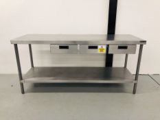 A MOFFAT STAINLESS STEEL BF2 TWO TIER PREPARATION TABLE WITH THREE DRAWERS - SOLD AS SEEN