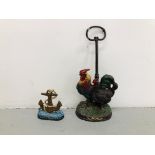 2 (R) DECORATIVE CAT IRON DOOR STOPS - CHICKEN AND ANCHOR