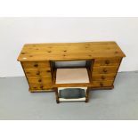 HONEY PINE 8 DRAWER DRESSING TABLE WITH STOOL & PINE BOOKSHELF