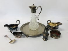 A SILVER SIFTER BIRMINGHAM ASSAY ALONG WITH A COLLECTION OF SILVER PLATED WARE TO INCLUDE, TRAY,