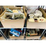 2 x BOXES OF HOUSEHOLD & KITCHEN SUNDRIES TO INCLUDE POTS & PANS, GLASS VASES,