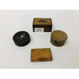 TUNBRIDGE WARE BOX TOGETHER WITH A VINTAGE BURR WALNUT SNUFF BOX + SMALL HEAVY BRASS LIDDED POT