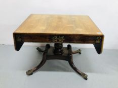 A REGENCY ROSEWOOD PEDESTAL TABLE THE TOP HAVING DROP LEAVES THE FREEZE HAVING TWO DRAWERS WITH
