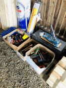 A CARPENTERS TOOL BOX AND CONTENTS PLUS THREE BOXES OF ASSORTED TOOLS AND FITTINGS