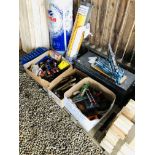 A CARPENTERS TOOL BOX AND CONTENTS PLUS THREE BOXES OF ASSORTED TOOLS AND FITTINGS