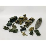 COLLECTION OF MILITARY VEHICLES TO INCLUDE AN AMBULANCE, TANKS, GUNS ETC. + H.M.S.