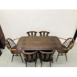 AN ERCOL DINING TABLE WITH CROSS STRETCHER COMPLETE WITH 4 DINING CHAIRS & 2 CARVERS (138cm X 71cm)