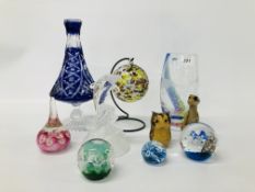 BISTOL BLUE GLASS VASE, CAITHNESS VASE, 4 x ART GLASS PAPERWEIGHTS, HANGING ART GLASS BALL,