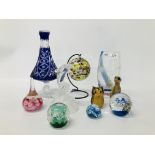 BISTOL BLUE GLASS VASE, CAITHNESS VASE, 4 x ART GLASS PAPERWEIGHTS, HANGING ART GLASS BALL,