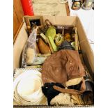 BOX OF COLLECTIBLES TO INCLUDE MOTORING HELMET, GAITERS, SHOE TREES, AUSTIN REED SHIRT COLLARS,