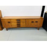 RETRO TEAK STYLE 3 DOOR, 4 DRAWER SIDEBOARD WITH SHAPED WOODEN HANDLES L214cm, D46cm,