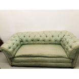 GREEN PATTERED BUTTON BACK CHESTERFIELD STYLE SOFA A/F