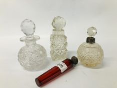 C19TH RUBY GLASS SCENT SILVER MOUNTED A/F TOGETHER WITH CUT GLASS PERFUME BOTTLE WITH SILVER