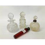 C19TH RUBY GLASS SCENT SILVER MOUNTED A/F TOGETHER WITH CUT GLASS PERFUME BOTTLE WITH SILVER