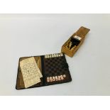 "THE DEXTER POCKET CHESS BOARD" IN LEATHER FITTED CASE PLUS BOX OF WOODEN CHESS PIECES