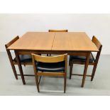 RETRO TEAK STYLE EXTENDING DINING TABLE TOGETHER WITH A SET OF 4 MATCHING CHAIRS WITH BLACK FAUX