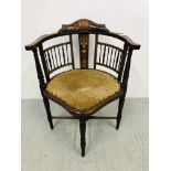 AN EDWARDIAN MAHOGANY INLAID CORNER CHAIR