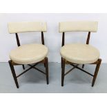 PAIR OF RETRO G-PLAN CHAIRS WITH CIRCULAR FAUX LEATHER SEAT PADS & BACK REST