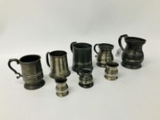 5 VARIOUS VINTAGE PEWTER TANKARDS + 3 MINIATURE PEWTER TANKARDS