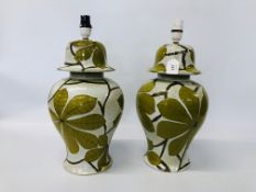 A PAIR OF GREEN LEAF DECORATED TEMPLE JAR STYLE TABLE LAMP (WIRING REMOVED) HEIGHT 38cm