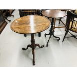 AN OAK TILT TOP PEDESTAL OCCASIONAL TABLE ON TRIPOD BASE AND ONE OTHER PEDESTAL OCCASIONAL TABLE