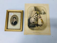 GILT FRAMED PORTRAIT OF A VICTORIAN LADY AND UNFRAMED "L'EDUCATION D AZOR" BEARING SIGNATURE AND