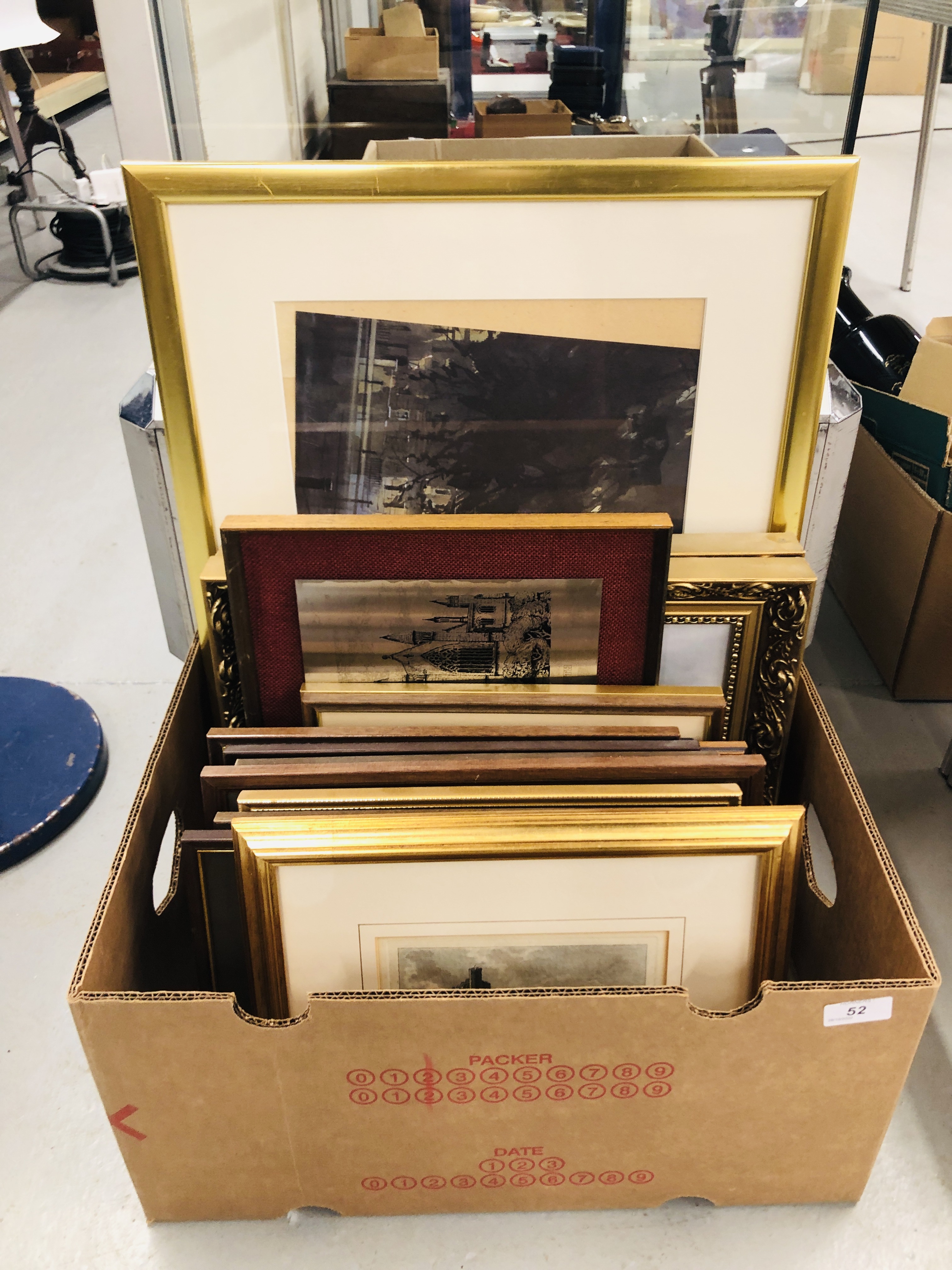 BOX OF VARIOUS FRAMED LOCAL PRINTS & PHOTOS TO INCLUDE 3 GILT FRAMED OILS BEARING SIGNATURE M