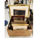 BOX OF VARIOUS FRAMED LOCAL PRINTS & PHOTOS TO INCLUDE 3 GILT FRAMED OILS BEARING SIGNATURE M