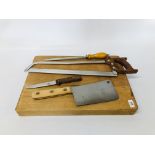 1 BUTCHERS WOODEN CHOPPING BLOCK, 1 BUTCHERS SAW, 1 BUTCHERS KNIFE AND SHARPENER,