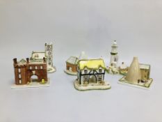 6 x VARIOUS COALPORT PASTILLE BURNERS TO INCLUDE THE LIGHTHOUSE (THE OAST HOUSE & VILLAGE CHURCH