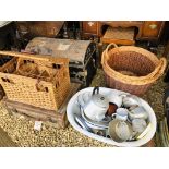 A COLLECTION OF ENAMELLED WARES, AN OLD DOME TOP METAL TRUNK, TWO WICKER LOG BASKETS,