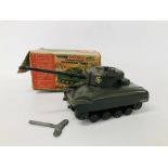 A TRI-ANG MINIC SERIES II CLOCKWORK POWERED SHERMAN TANK WITH ORIGINAL BOX (TRACKS MISSING,