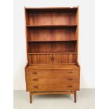 DANISH TEAK FINISH BOOKSHELF WITH THREE DRAWER BASE AND SLIDING DESK FITMENT,