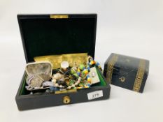 JEWELLERY BOX CONTAINING 1930-1950 BEADS, BELT BUCKLE, EARRINGS, ETC.