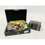 JEWELLERY BOX CONTAINING 1930-1950 BEADS, BELT BUCKLE, EARRINGS, ETC.