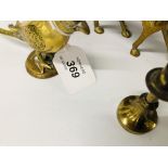 A PAIR OF ORIENTAL BRASS BIRDS ALONG WITH THREE VARIOUS BRASS ANIMALS,