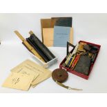 COLLECTION OF DRAWING ITEMS TO INCLUDE VINTAGE RULES, SET SQUARES, BLOTTER,