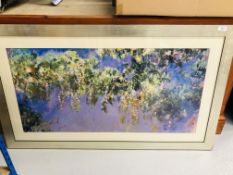 A LARGE FRAMED AND MOUNTED CLAUDE MONET PRINT "WISTERIA" 100CM X 49CM