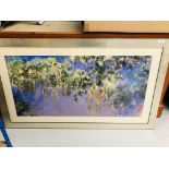 A LARGE FRAMED AND MOUNTED CLAUDE MONET PRINT "WISTERIA" 100CM X 49CM