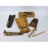 5 VARIOUS XYLOPHONES TO INCLUDE ETHNIC + BOX OF SHELLS