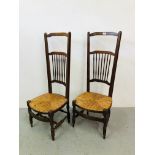 PAIR OF HIGH BACK ARTS AND CRAFTS STYLE LOW SEAT SIDE CHAIRS WITH RUSH SEATS