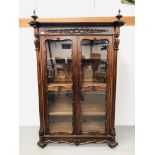 AN ORNATE VICTORIAN MAHOGANY DISPLAY CABINET WITH TWO INTERNAL DRAWERS, W43inch, H76inch,