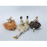 THREE ANTIQUE PORCELAIN PIN CUSHION DOLLS ALONG WITH A PAIR OF GERMAN PIN CUSHION DOLLS BODIES AND
