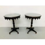 PAIR OF SINGLE PEDESTAL GYPSY STYLE OCCASIONAL TABLES WITH PAINTED DETAIL ON A BLACK BACKGROUND D